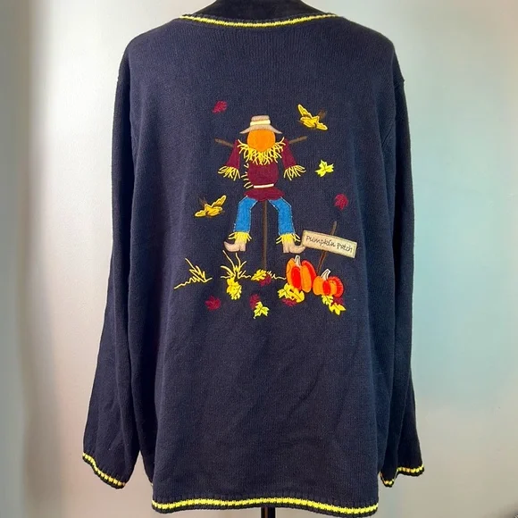 🍁 Double Sides Vintage Embroidered Felt Patch Scarecrow Pumpkin Patch Sweater - Picture 4 of 7